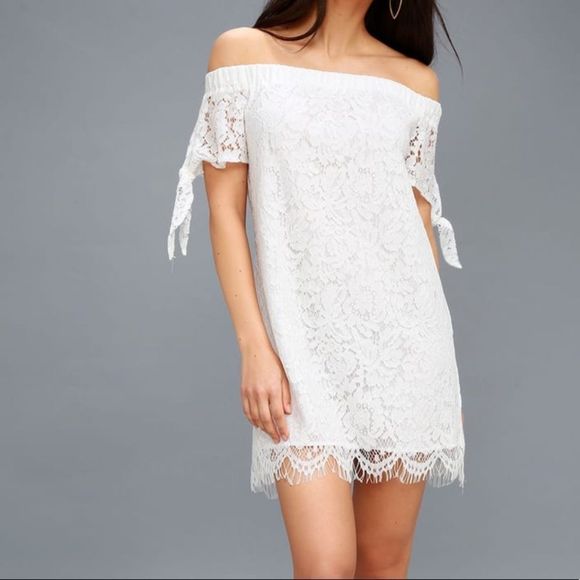 Lulu’s Divine to Five White Lace Shift Dress Off the Shoulder NWT size Small - Picture 1 of 14
